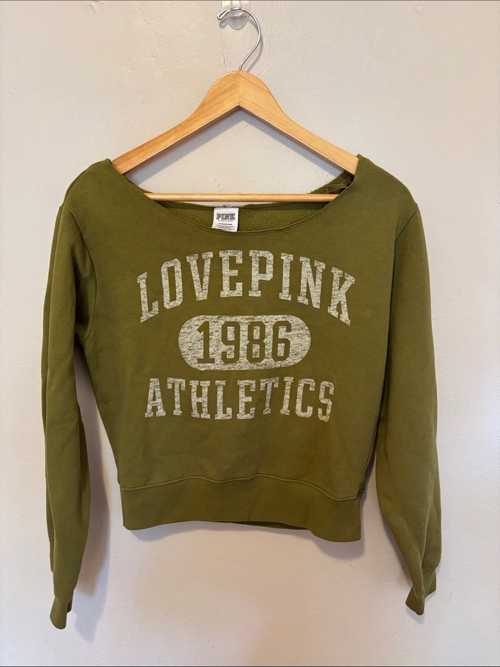 PINK Victoria's Secret Olive 'Love Pink 1986 Athletics' Sweatshirt